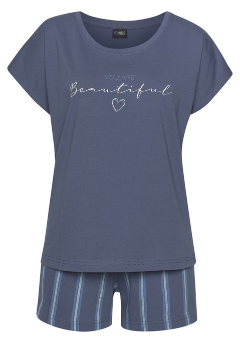 Bild: Shorty von Vivance Dreams by Lascana: Shorty von Vivance Dreams. T-Shirt mit Schriftzugprint vorn. Rundhalsausschnitt. Gestreifte Shorts mit elastischem Tunnelzugbund. Weiche Single-Jerseyqualität aus 100% Baumwolle.