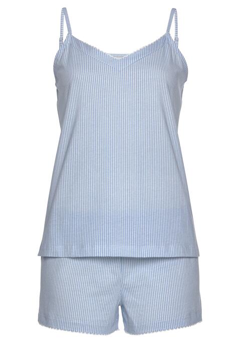 Bild: Shorty von Vivance Dreams by Lascana: Klassischer Shorty von Vivance Dreams mit feinem Streifenmuster, bestehend aus Shorty und Trägertop. Kurze Hose mit Dehnbund und Zierschleife. Top mit V-Ausschnitt und zarter Häkelkante. Weiche Qualität aus Baumwolle.