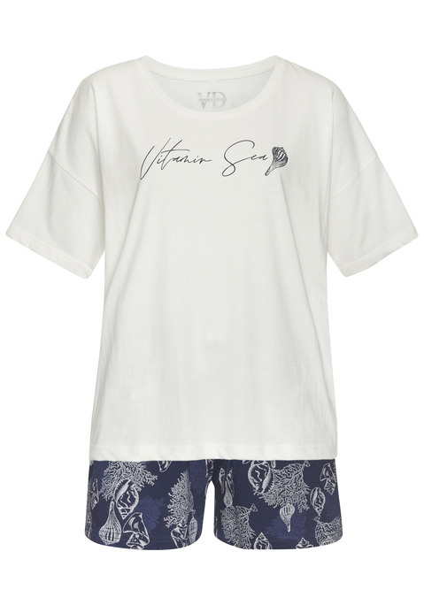 Bild: Shorty von Vivance Dreams by Lascana: Shorty von Vivance Dreams. Unifarbenes T-Shirt mit Schriftzugprint vorn und Rundhalsausschnitt. Allover bedruckte Hose mit elastischem Tunnelzugbund. Trageangenehmer Baumwoll-Jersey.