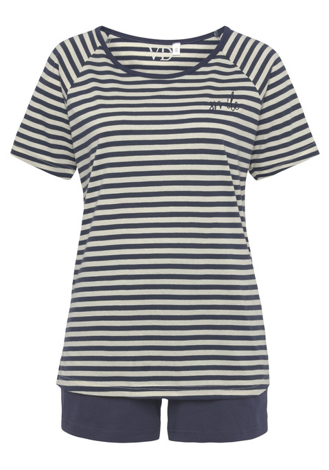 Bild: Shorty von Vivance Dreams by Lascana: Shorty von Vivance Dreams. Gestreiftes T-Shirt mit Raglanärmeln, Rundhalsausschnitt und feiner Wording-Strickerei. Shorts mit elastischem Bündchen und seitlichen Eingriffstaschen. Weiche Single-Jersey-Qualität aus Baumwolle.