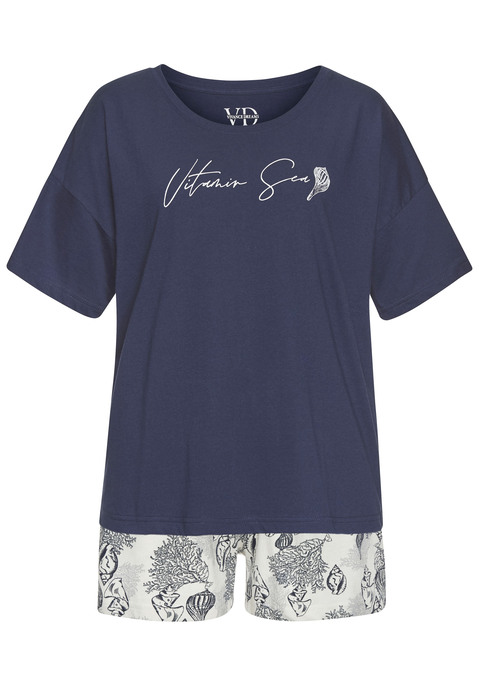 Bild: Shorty von Vivance Dreams by Lascana: Shorty von Vivance Dreams. Unifarbenes T-Shirt mit Schriftzugprint vorn und Rundhalsausschnitt. Allover bedruckte Hose mit elastischem Tunnelzugbund. Trageangenehmer Baumwoll-Jersey.