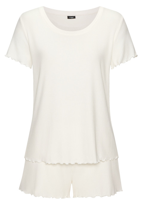 Bild: Shorty von Vivance Dreams by Lascana: Hübscher Shorty von Vivance Dreams. Geripptes Material mit Babylock-Nähten. T-Shirt mit Rundhalsausschnitt, Shorts mit Elastikbund. Trageangenehme Qualität mit Viskose.