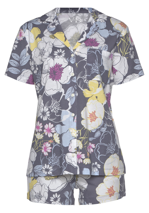 Bild: Shorty von Vivance Dreams by Lascana: Shorty von Vivance Dreams. Mit schönem Allover-Print. Schlafshirt mit kurzen Ärmeln, Reverskragen, Brusttasche und durchgehender Knopfleiste. Shorts mit elastischem Tunnelzugbund und seitlichen Eingriffstaschen. Weiche Single Jersey-Qualität aus Baumwoll-Viskosemix.