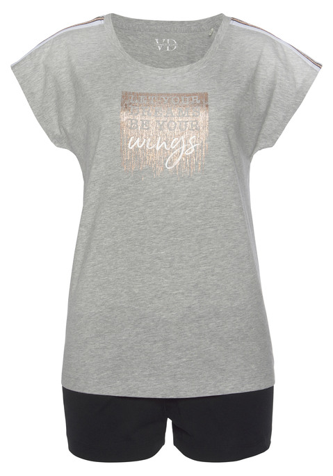 Bild: Shorty von Vivance Dreams by Lascana: Shorty von Vivance Dreams mit Foildruck. Bestehend aus einem T-Shirt mit Tapes entlang der angeschnittenen Ärmel, und Shorts mit kontrastfarbenem, elastischen Tunnelzugbund. Obermaterial: 100% Baumwolle (unterstützt Cotton made in Africa)