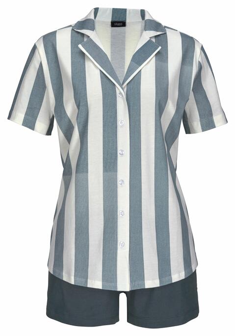 Bild: Shorty von Vivance Dreams by Lascana: Gestreiftes Kurzarmshirt mit durchgehender Knopfleiste und Hemdkragen. Shorts mit gestreiftem, elastischem Bund und seitlichen Taschen.  Softe Single-Jersey-Qualität aus 100% Baumwolle (unterstützt Cotton made in Africa).