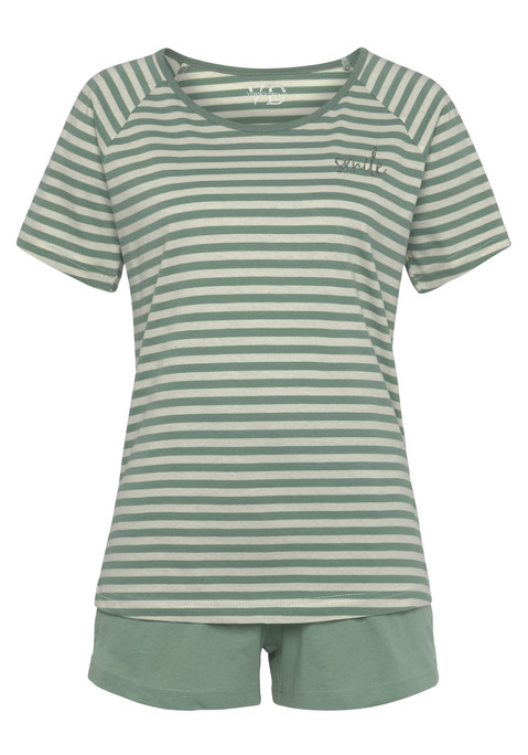 Bild: Shorty von Vivance Dreams by Lascana: Shorty von Vivance Dreams. Gestreiftes T-Shirt mit Raglanärmeln, Rundhalsausschnitt und feiner Wording-Strickerei. Shorts mit elastischem Bündchen und seitlichen Eingriffstaschen. Weiche Single-Jersey-Qualität aus Baumwolle.