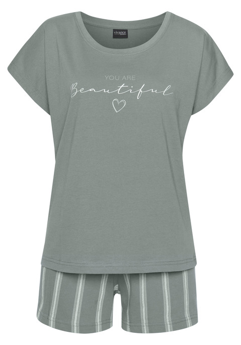 Bild: Shorty von Vivance Dreams by Lascana: Shorty von Vivance Dreams. T-Shirt mit Schriftzugprint vorn. Rundhalsausschnitt. Gestreifte Shorts mit elastischem Tunnelzugbund. Weiche Single-Jerseyqualität aus 100% Baumwolle.