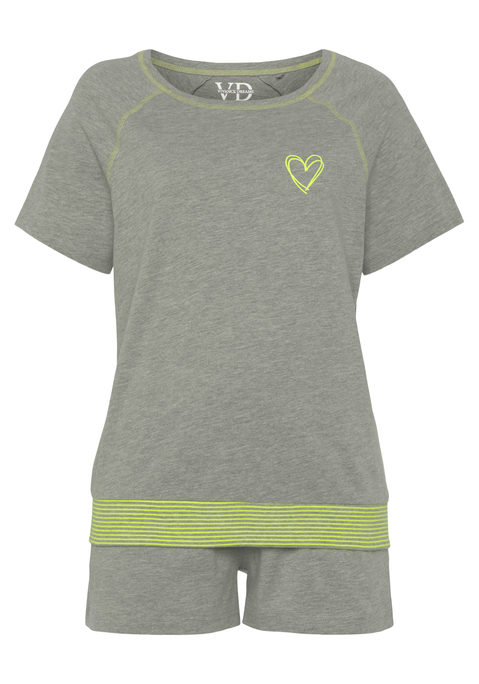 Bild: Shorty von Vivance Dreams by Lascana: Pyjamaoberteil mit kurzen Raglanärmeln und kontrastnähten. Kleiner Frontprint auf der Brust. Shorts mit seitlichen Eingriffstaschen und gestreiftem Rippbund mit Tunnelzug. Angenehme Qualität aus 60% Baumwolle, 40% Polyester.