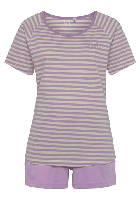 Bild: Shorty von Vivance Dreams by Lascana: Shorty von Vivance Dreams. Gestreiftes T-Shirt mit Raglanärmeln, Rundhalsausschnitt und feiner Wording-Strickerei. Shorts mit elastischem Bündchen und seitlichen Eingriffstaschen. Weiche Single-Jersey-Qualität aus Baumwolle.