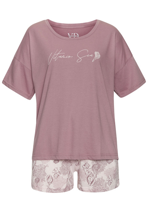 Bild: Shorty von Vivance Dreams by Lascana: Shorty von Vivance Dreams. Unifarbenes T-Shirt mit Schriftzugprint vorn und Rundhalsausschnitt. Allover bedruckte Hose mit elastischem Tunnelzugbund. Trageangenehmer Baumwoll-Jersey.