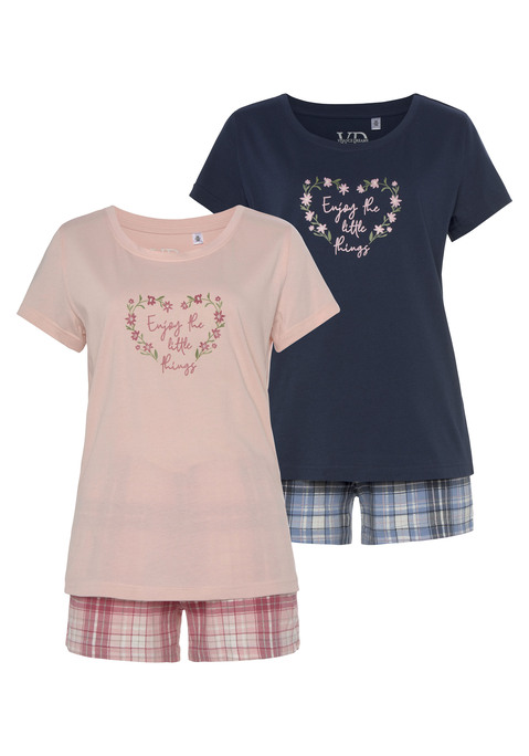 Bild: Shorty von Vivance Dreams by Lascana: Kurzer Doppelpack Pyjama mit schlichtem Oberteil und Frointprint. Shorts mit allover Print und Tunnelzug. Angenehme Qualität aus 100% Baumwolle.