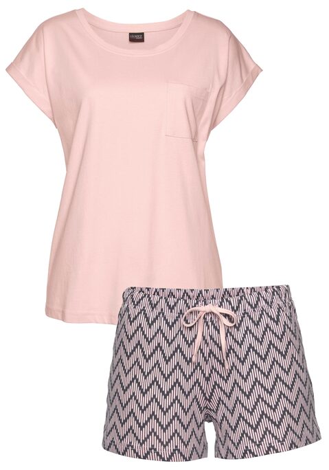 Bild: Shorty von Vivance Dreams by Lascana: Vivance Dreams Shorty mit floralem Druck. Unifarbenes Kurzarmshirt mit angeschnittenen Ärmeln, Rundhalsausschnitt und aufgesetzter Brusttasche. Allover bedruckte Shorts mit elastischem Tunnelzugbund. Obermaterial: 100% Baumwolle (unterstützt Cotton made in Africa)