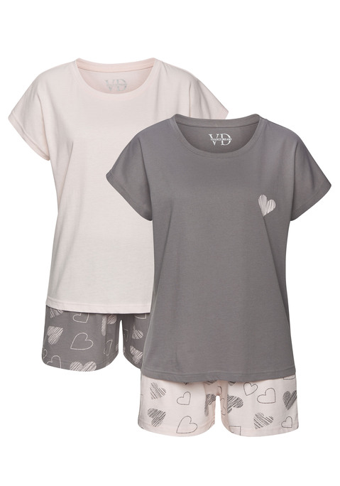 Bild: Shorty von Vivance Dreams by Lascana: Shorty-Pyjama von Vivance Dreams im Doppelpack. T-Shirt mit Rundhalsausschnitt, nahtlos angesetzten Ärmeln und Herz-Print. Kurze Hose mit elastischem Tunnelzugbund und seitlichen Taschen. Bequem geschnitten. Atmungsaktive und pflegeleichter Baumwollmix.