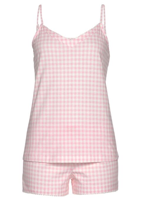 Bild: Shorty von Vivance Dreams by Lascana: Klassischer Shorty von Vivance Dreams mit feinem Streifenmuster, bestehend aus Shorty und Trägertop. Kurze Hose mit Dehnbund und Zierschleife. Top mit V-Ausschnitt und zarter Häkelkante. Weiche Qualität aus Baumwolle.
