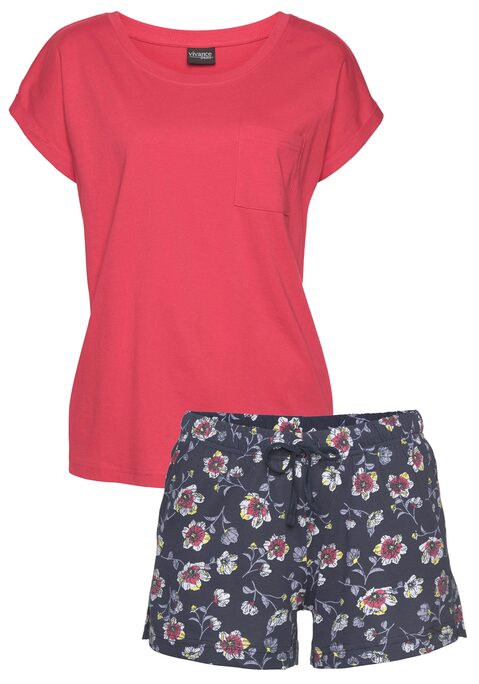 Bild: Shorty von Vivance Dreams by Lascana: Vivance Dreams Shorty mit floralem Druck. Unifarbenes Kurzarmshirt mit angeschnittenen Ärmeln, Rundhalsausschnitt und aufgesetzter Brusttasche. Allover bedruckte Shorts mit elastischem Tunnelzugbund. Obermaterial: 100% Baumwolle (unterstützt Cotton made in Africa)