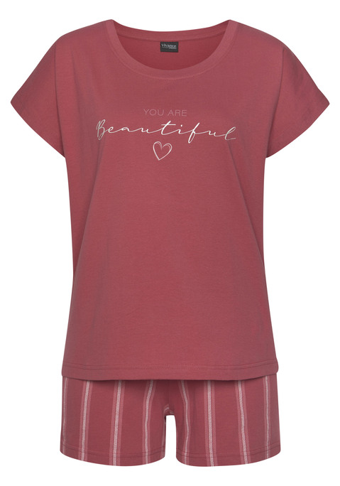 Bild: Shorty von Vivance Dreams by Lascana: Shorty von Vivance Dreams. T-Shirt mit Schriftzugprint vorn. Rundhalsausschnitt. Gestreifte Shorts mit elastischem Tunnelzugbund. Weiche Single-Jerseyqualität aus 100% Baumwolle.