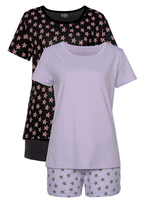 Bild: Shorty von Vivance Dreams by Lascana: Shorty von Vivance Dreams im praktischen Doppelpack. Kurze Hose mit Sternenprint, elastischem Tunnelzugbund und kurzen Saumschlitzen. T-Shirt mit V-Schlitz am Rundhalsausschnitt. Bequeme Passform. Weiche Baumwollqualität.