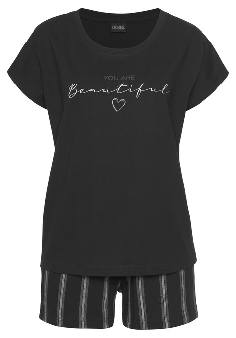 Bild: Shorty von Vivance Dreams by Lascana: Shorty von Vivance Dreams. T-Shirt mit Schriftzugprint vorn. Rundhalsausschnitt. Gestreifte Shorts mit elastischem Tunnelzugbund. Weiche Single-Jerseyqualität aus 100% Baumwolle.