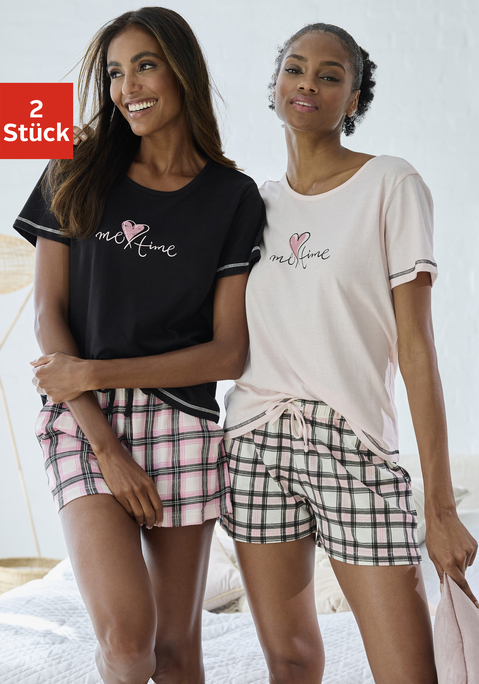 Bild: Shorty von Vivance Dreams by Lascana: Doppelpack Shorty mit allover Print Shorts und Tunnelzugbund. Kurzarm-Shirt mit Frontprint und Kontrastnähten in angenehmer Qualität aus 100% Baumwolle.