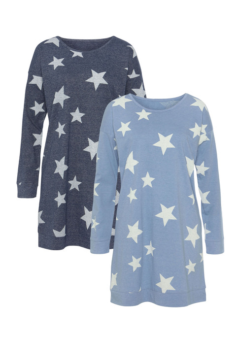 Bild: Sleepshirt von Vivance Dreams by Lascana: Kurzes Nachthemd von Vivance Dreams mit Sternendruck. Rundhalsausschnitt. Überschnittene Schultern. Saum und lange Ärmel mit Bündchen. Bequeme Passform. Pflegeleichter Materialmix mit weichem Griff aus 50% Baumwolle, 50% Polyester.