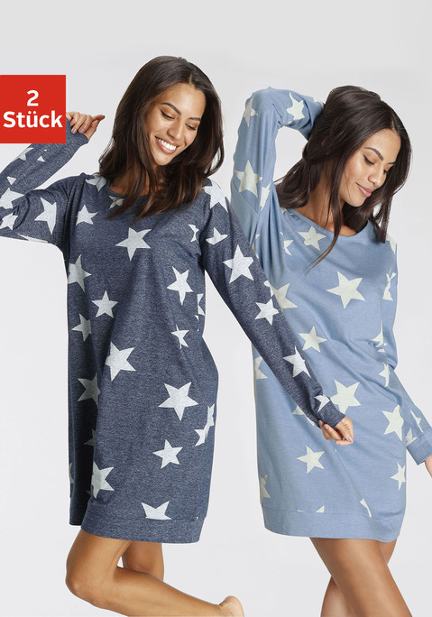 Bild: Sleepshirt von Vivance Dreams by Lascana: Kurzes Nachthemd von Vivance Dreams mit Sternendruck. Rundhalsausschnitt. Überschnittene Schultern. Saum und lange Ärmel mit Bündchen. Bequeme Passform. Pflegeleichter Materialmix mit weichem Griff aus 50% Baumwolle, 50% Polyester.