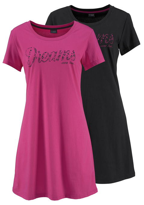 Bild: Sleepshirt von Vivance Dreams by Lascana: Modischer Kurz-Style mit Rundhalsausschnitt, kurzen Ärmeln und Frontdruck in Spitzen-Optik.  Single-Jersey aus 100% Baumwolle.