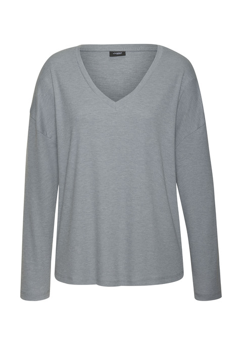 Bild: Langarmshirt von Vivance Dreams: Weiches Lounge-Langarmshirt von Vivance Dreams. Tiefer V-Ausschnitt mit Kante. Bequeme Passform. Pflegeleichte, elastische Feinripp-Qualität mit Viskoseanteil.