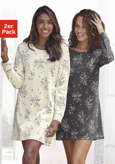 Bild: Nachthemd von Vivance Dreams: Kurzes Langarm Nachthemd mit allover Print und und Knopfleiste am Runghaulsausschnitt. Angenehme Baumwollqualität.