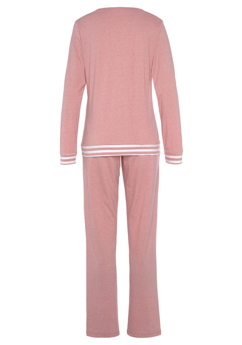 Bild: Pyjama von Vivance Dreams: Weicher Pyjama von Vivance Dreams in Melange-Optik. Langarmshirt mit Rundhalsausschnitt und gestreiften Saumbündchen. Lange Hose mit elastischem Bund und Eingrifftaschen. Figurumspielende Passform. Pflegeleichter Single-Jersey aus 50% Baumwolle, 50% Polyester.