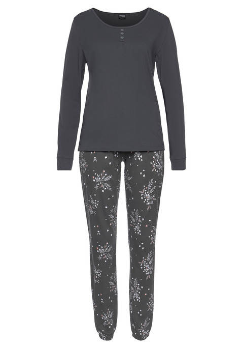 Bild: Pyjama von Vivance Dreams: Pyjama im Doppelpack. Langarmshirt mit kurzer Knopfleiste am Rundhalsausschnitt. Allover bedruckte Hose mit elastischem Tunnelzugbund und seitlichen Eingrifftaschen.