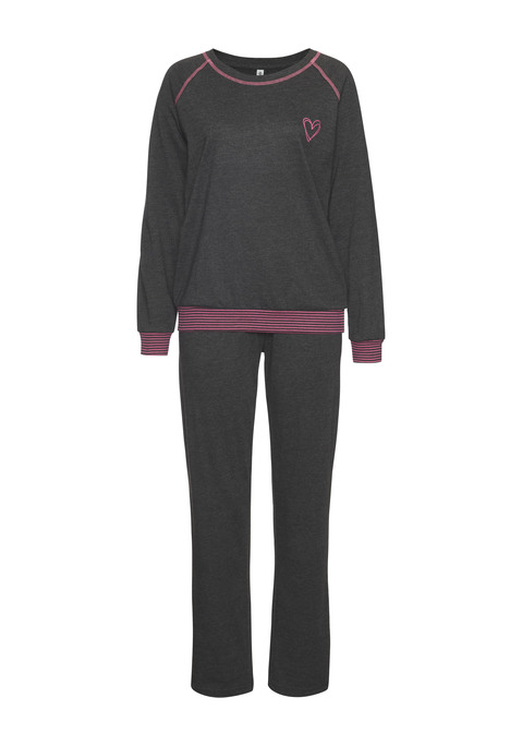 Bild: Pyjama von Vivance Dreams: Pyjamaoberteil mit Raglanärmeln und abgesetzten Kontrastnähten. Schöner  Neonherzprint auf der Brust und Kontrastbündchen an den Säumen. Lange Hose mit seitlichen Eingriffstaschen und Kontrastbund mit Tunnelzug. Angenehme Qualität aus 60% Baumwolle, 40% Polyester.