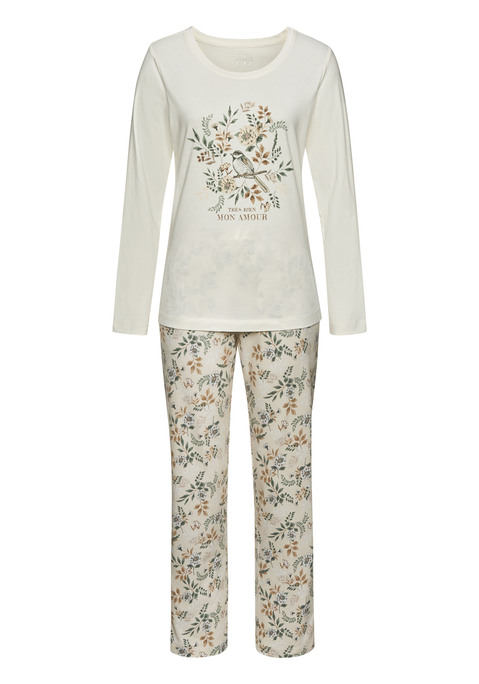 Bild: Pyjama von Vivance Dreams: Modischer Pyjama von Vivance Dreams. Schlafshirt mit langen Ärmeln, Rundhalsausschnitt und floralem Aufdruck vorn. Bequeme Hose im Allover-Blumenprint mit elastischem Tunnelzugbund und praktischen Eingrifftaschen. Weicher Single-Jersey aus 50% Baumwolle, 50% Viskose.