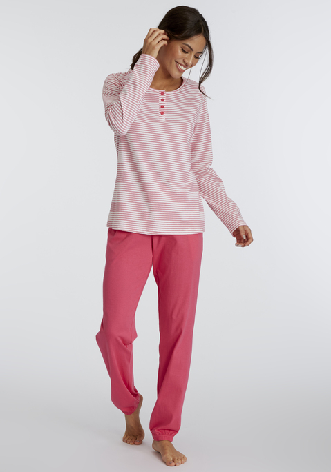 Bild: Pyjama von Vivance Dreams: Gestreiftes Longsleeve mit Rundhalsausschnitt und kurzer Knopfleiste. Lange Hose mit seitlichen Eingriffstaschen und angesetzten Bündchen. Angenehme Qualität aus 100% Baumwolle.