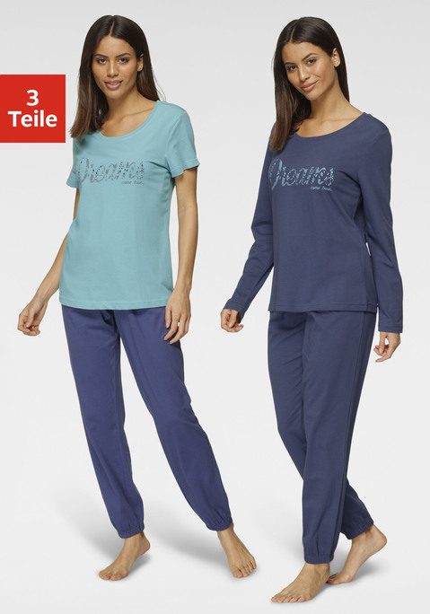Bild: Pyjama von Vivance Dreams: Toller Look für die Nacht! Das Set besteht aus einem Kurzarm- und Langarmshirt mit Rundhalsausschnitt und modischem Frontdruck in Spitzendessin und einer langen, schmalen Hose mit elastischem Tunnelzugbund, seitlichen Eingrifftaschen und Gummizug am Saum.  Single-Jersey-Qualität aus 100% Baumwolle.
