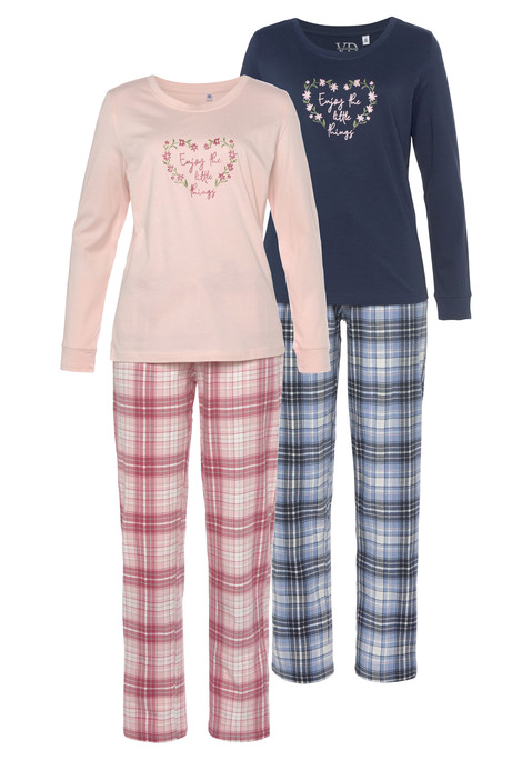 Bild: Pyjama von Vivance Dreams: Doppelpack Pyjama mit Langarmoberteil und Frontprint. Hose mit seitlichen Eingriffstaschen und Tunnelzug. Angenehme Qualität aus 100% Baumwolle.