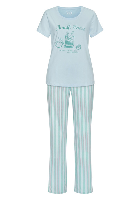 Bild: Pyjama von Vivance Dreams: Pyjama von Vivance Dreams. Kurzarmshirt mit Rundhalsausschnitt und Motivprint vorn. Schmal geschnittene, gestreifte Hose mit elastischem Tunnelzugbund und Eingrifftaschen. Trageangenehme Baumwollqualität.