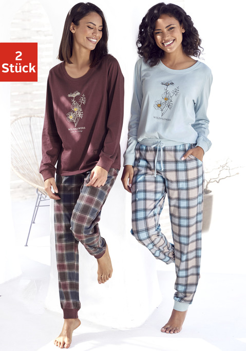 Bild: Pyjama von Vivance Dreams: Schlafangzug im 2er-Pack von Vivance Dreams. Langarmshirt mit Druck vorn, Rundhalsausschnitt und Bündchen an den Ärmelabschlüssen. Hose mit Alloverprint. Elastischer Kordelzugbund und Rippbündchen an den Beinen. Weiche Single-Jersey-Qualität aus 100% Baumwolle.