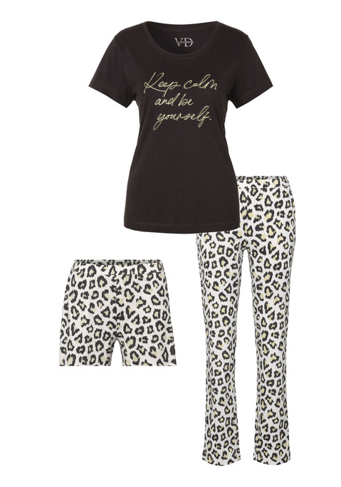 Bild: Pyjama von Vivance Dreams: 3-teiliges Pyjama-Set von Vivance Dreams. Mit Leo-Druck. Kurzarmshirt mit Rundhalsausschnitt und Frontdruck. Allover bedruckte lange Hose und kurze Shorts, jeweils mit elastischem Bund und seitlichen Eingrifftaschen. Weiche Single-Jersey-Qualität aus einer weichen Baumwollmischung.