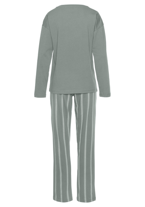Bild: Pyjama von Vivance Dreams: Schlafanzug von Vivance Dreams. Langarmshirt mit Wordingprint vorn. Rundhalsausschnitt. Überschnittene Schultern. Gestreifte Hose mit elastischem Tunnelzugbund. Weiche Single-Jerseyqualität aus 100% Baumwolle.
