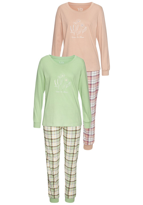 Bild: Pyjama von Vivance Dreams: Im 2er-Pack: Pyjama von Vivance Dreams. Unifarbenes Langarmshirt mit Print vorn und Rundhalsausschnitt. Hose mit Allover-Karoprint und elastischem Tunnelzugbund. Seitliche Eingrifftaschen und elastische Beinabschlüsse. Weiche Baumwollqualität.