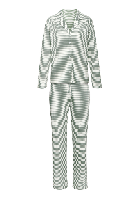 Bild: Pyjama von Vivance Dreams: Pyjama von Vivance Dreams mit Querstreifen. Langärmeliges Oberteil mit Reverskragen, durchgehender Knopfleiste und Logostickerei auf der Brust. Lange Hose mit elastischem Tunnelzugbund und seitlichen Eingrifftaschen.  Trageangenehme Baumwollmischung.