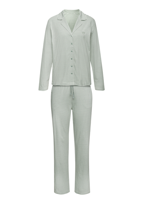Bild: Pyjama von Vivance Dreams: Pyjama von Vivance Dreams mit Querstreifen. Langärmeliges Oberteil mit Reverskragen, durchgehender Knopfleiste und Logostickerei auf der Brust. Lange Hose mit elastischem Tunnelzugbund und seitlichen Eingrifftaschen.  Trageangenehme Baumwollmischung.
