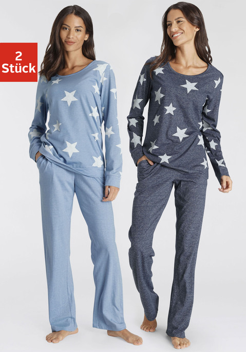 Bild: Pyjama von Vivance Dreams: Pyjama von Vivance Dreams. Langarmshirt mit Rundhals, Sternenmuster und Saumbündchen. Lange Hose mit Dehnbund, Tunnelzug zum Regulieren der Weite und Seitennahttaschen. Figurumspielende Passform. Pflegeleichter Materialmixund weichem Griff aus  50% Baumwolle, 50% Polyester.