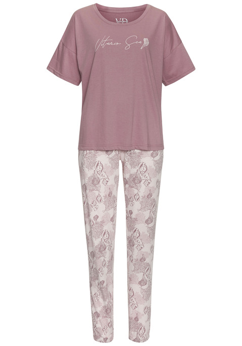 Bild: Pyjama von Vivance Dreams: Schlafanzug von Vivance Dreams. Unifarbenes T-Shirt mit Schriftzugprint. Rundhalsausschnitt. Allover bedruckte Hose mit elastischem Tunnelzugbund, seitlichen Eingrifftaschen und elastischen Beinabschlüssen. Weicher Baumwoll-Mix.