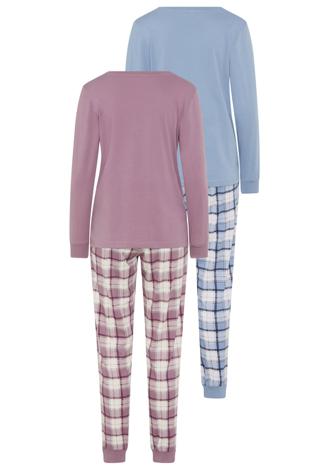 Bild: Pyjama von Vivance Dreams: Im 2er-Pack: Pyjama von Vivance Dreams. Unifarbenes Langarmshirt mit Print vorn und Rundhalsausschnitt. Hose mit Allover-Karoprint und elastischem Tunnelzugbund. Seitliche Eingrifftaschen und elastische Beinabschlüsse. Weiche Baumwollqualität.