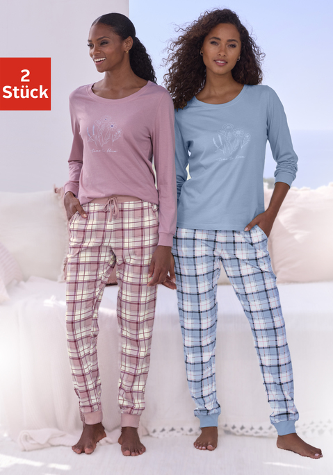 Bild: Pyjama von Vivance Dreams: Im 2er-Pack: Pyjama von Vivance Dreams. Unifarbenes Langarmshirt mit Print vorn und Rundhalsausschnitt. Hose mit Allover-Karoprint und elastischem Tunnelzugbund. Seitliche Eingrifftaschen und elastische Beinabschlüsse. Weiche Baumwollqualität.
