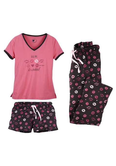 Bild: Pyjama von Vivance Dreams: Bestehend aus Shirt, langer Hose und Shorts. Shirt mit kontrastfarbenem V-Ausschnitt und Frontdruck. Gemusterte, lange Hose und Shorts mit elastischem Tunnelzugbund.  Single-Jersey aus 100% Baumwolle.