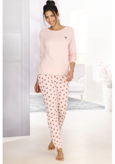 Bild: Pyjama von Vivance Dreams: Langer Pyjama von Vivance Dreams. Longsleeve mit Rundhalsausschnitt und kleinem Print auf der Brust. Lange Hose mit Allover-Herzmuster. Seitliche Eingrifftaschen. Elastischer Bund mit Bindeband. Trageangenehme Baumwollqualität.