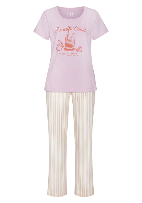 Bild: Pyjama von Vivance Dreams: Pyjama von Vivance Dreams. Kurzarmshirt mit Rundhalsausschnitt und Motivprint vorn. Schmal geschnittene, gestreifte Hose mit elastischem Tunnelzugbund und Eingrifftaschen. Trageangenehme Baumwollqualität.