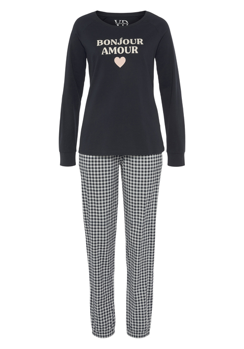 Bild: Pyjama von Vivance Dreams: Pyjama von Vivance Dreams. Langarmshirt mit Rundhalsausschnitt, Raglanärmeln und Frontdruck. Lange Pyjamahose mit Kordelzug, seitlichen Eingriffstaschen und Allover-Druck. Weiche Single-Jersey-Qualität aus Baumwolle.